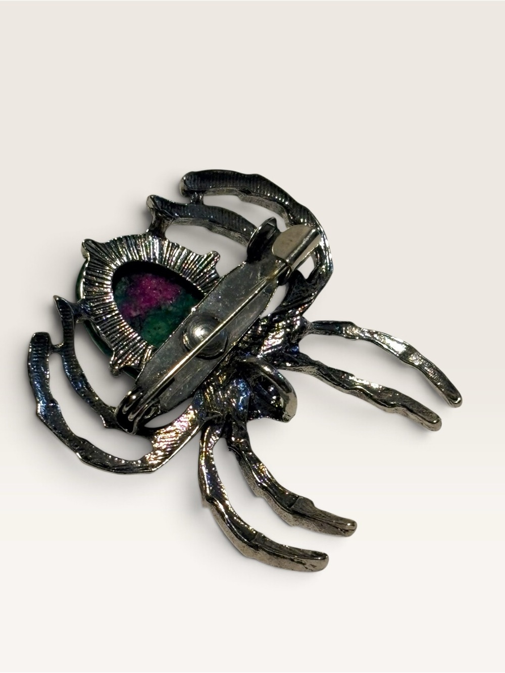 Silver Spider Brooch with Green and Pink Cabochon New Halloween - Picture 2 of 8